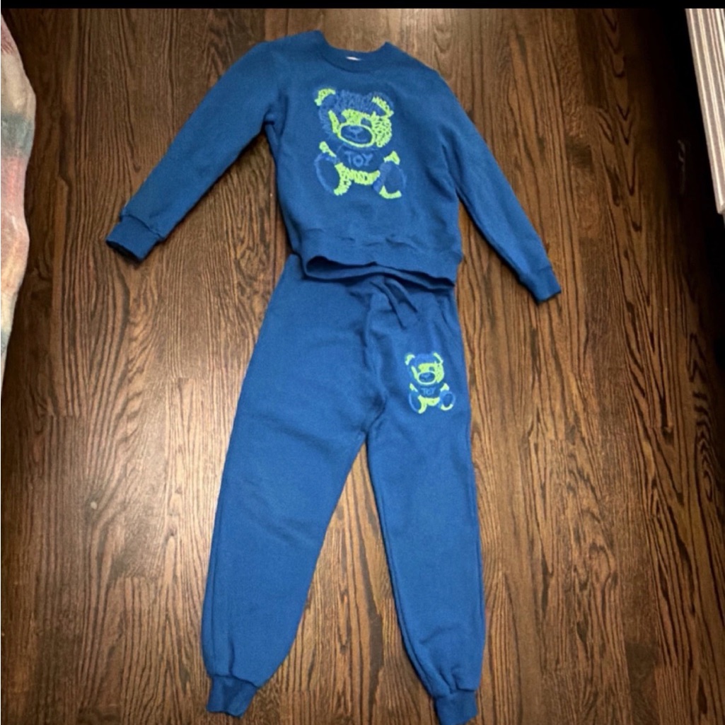 Moschino Blue Kids Sweatshirt & Joggers Set With Neon Green Bear